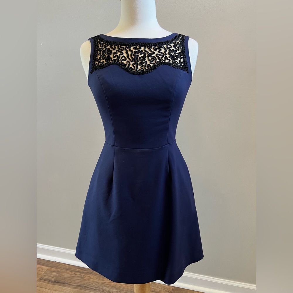 Lilly Pulitzer Derby Girl Emmy Navy Cocktail Dress with Black Soutache Lace